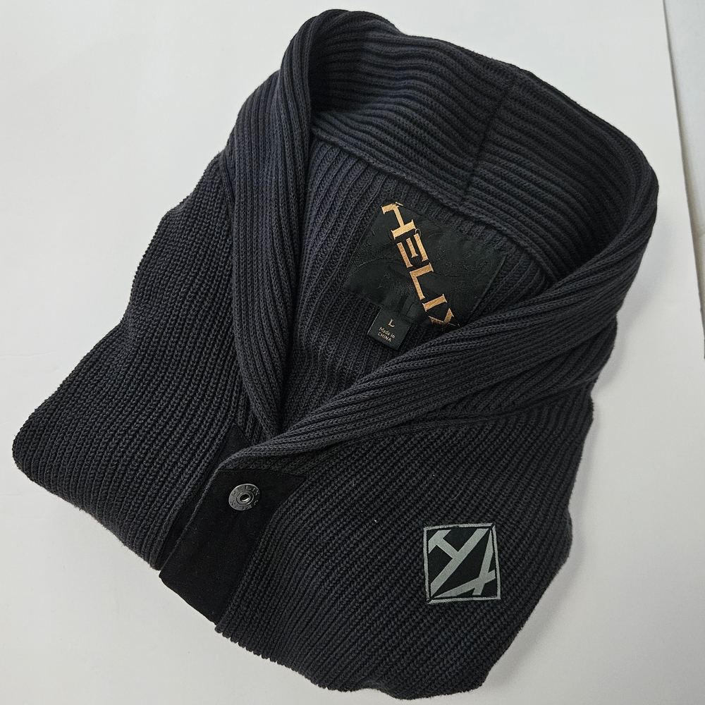 Men's Helix Shawl Neck Military Style Cardigan Sweater w/ Epaulettes - Black - L